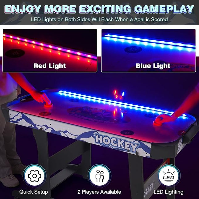 57" LED Light-Up Air Hockey Table, Foldable Arcade Style Air Hockey Game Set w/Accurate Electronic Scoring, in Line Power Switch, Powerful Motor for Kids Adults, Home Game Room