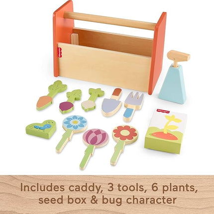 Fisher-Price Wood Pretend Play Toy Tiny Garden Caddy, 12-Piece Set with Wooden Tools & Plants for Preschool Kids Ages 3+ Years (Amazon Exclusive)