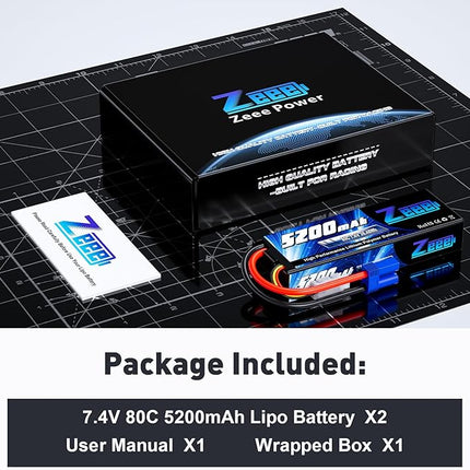Zeee 2S Lipo Battery 7.4V 5200mAh 80C Hard Case Battery with EC5 Plug Compatible with 1/8 1/10 RC Vehicles Car Slash RC Buggy Truggy RC Airplane Drone(2 Pack)