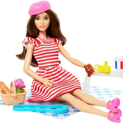 Barbie Pink Passport Paris Doll Set With Clothes & Picnic Accessories, Includes Brunette Doll