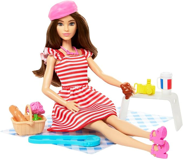Barbie Pink Passport Paris Doll Set With Clothes & Picnic Accessories, Includes Brunette Doll
