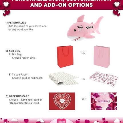 DolliBu I Love You Valentine Plush Pink Shark - Cute Stuffed Animal with Red Heart and Name Personalization Gift for Valentines Day, Birthday, Anniversary, Romantic Date - 12 Inches