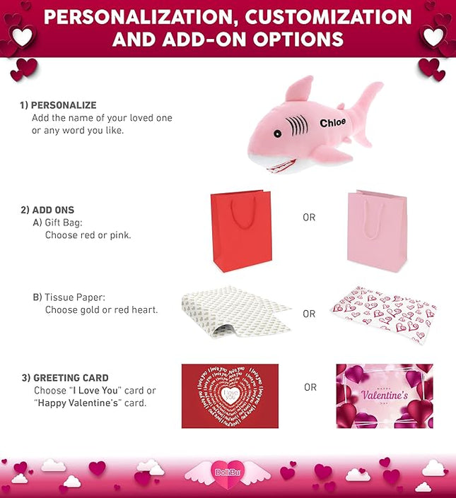 DolliBu I Love You Valentine Plush Pink Shark - Cute Stuffed Animal with Red Heart and Name Personalization Gift for Valentines Day, Birthday, Anniversary, Romantic Date - 12 Inches