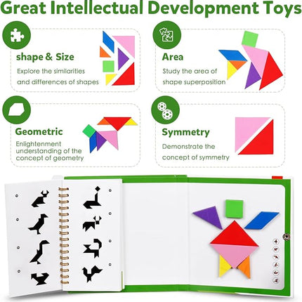 Travel Tangram Puzzle Magnetic Puzzle Book Game Road Trip Game Jigsaw Shapes Dissection STEM Games with Solution IQ Educational Toy for Kid Adult Challenge Brain Teasers 368 Patterns(2Pcs Tangrams)