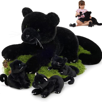 MorisMos Black Plush Panther Stuffed Animal with Babies,18'' Big Mama and Baby Stuffed Panther Toys for Kids Girls Boys, 4 Packs Black Jaguar Animals, Cute Leopard Toys for Kids