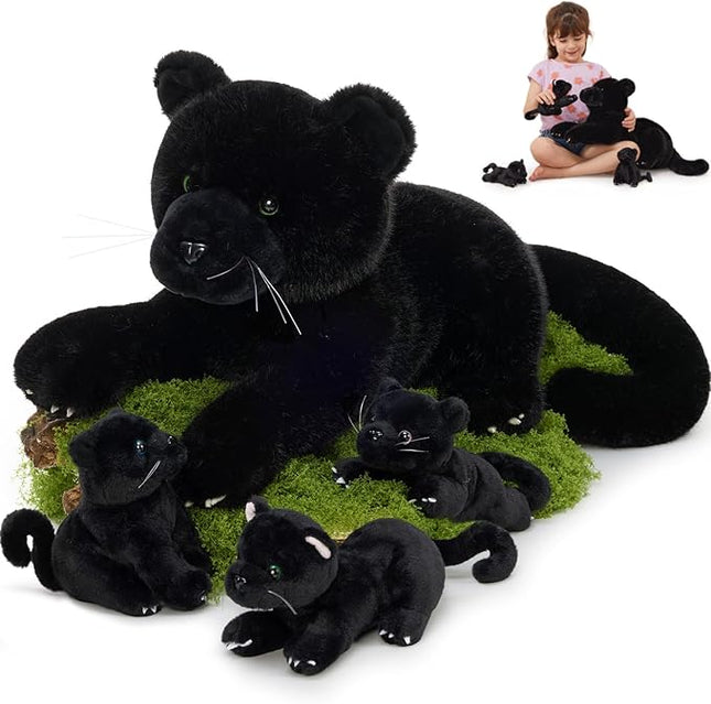 MorisMos Black Plush Panther Stuffed Animal with Babies,18'' Big Mama and Baby Stuffed Panther Toys for Kids Girls Boys, 4 Packs Black Jaguar Animals, Cute Leopard Toys for Kids