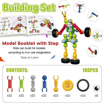 Kids STEM Building Toys for 3 4 5 6 7 8+ Year Old Boy Girl Birthday Gift, 186 Pcs Preschool Classroom Learning Activities Fine Motor Skills Building Blocks Ages 4-8 6-8 8-12 Engineering Creative Game