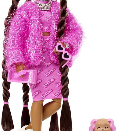 Barbie Extra Doll & Accessories with Long Brunette Styled Hair in Pink 2-Piece Outfit with Sparkly Jacket & Pet Puppy