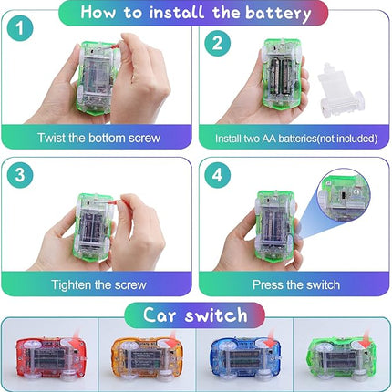 Track Cars Magic Toy Gifts 4 Pack Replacement Track Cars for 3 4 5 6 7 8 Years Old Kids Boys Girls Toy Track Cars with 5 LED Lights Glow in The Dark Compatible with Most Tracks