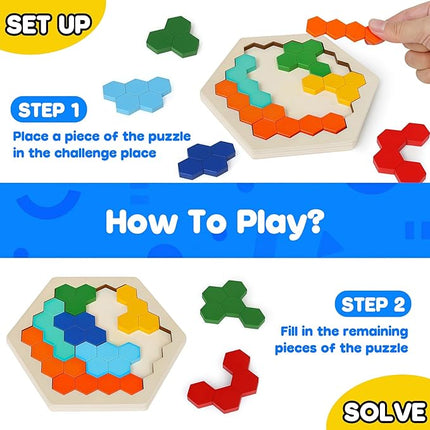 Skrtuan Wooden Hexagon Puzzle for Kid Adults Pattern Blocks Brain Teasers Tangram Puzzles Toy Jigsaw Board Geometry Logic IQ Travel Game STEM Montessori Educational Toys Gift, Puzzle Set, 4 Pack