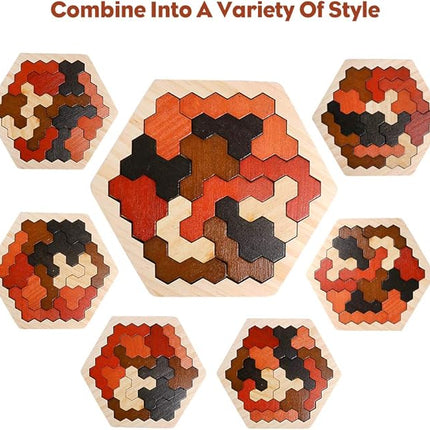 Skrtuan Wooden Hexagon Puzzle for Kids & Adults, Montessori STEM Educational Toy with Colorful Shapes, Logic IQ Brain Teaser Game for Kids, Geometry Tangram Gift