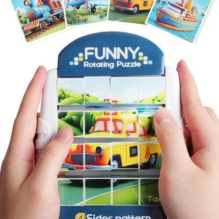 16-Piece Rotating Puzzles for Kids 4-6, Toddlers Puzzles 2-4, Road Trip, Airplane Activities Game, Travel Toys - Brain Teaser, Fine Motor Skills, Birthday Gifts Boys & Girls - Transportation