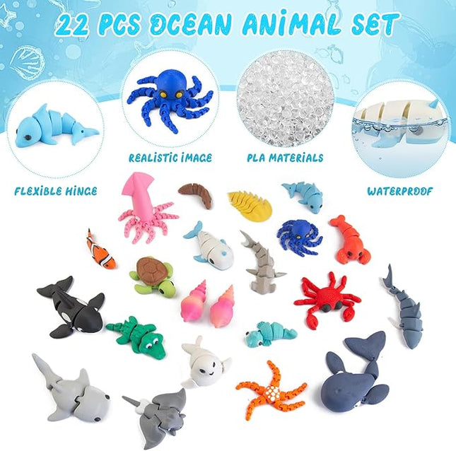 22PCS 3D Printed Sea Animals Toys, 3D Printed Mini Ocean Animals Articulating Flexible Fidget Toys, Cute Animal Figurines Toys Birthday Office Desktop Home Decoration