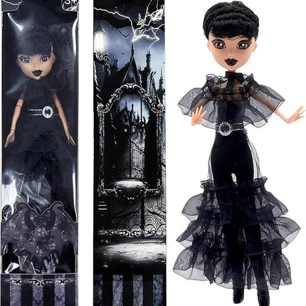 11.5'' Addams Doll with Gift Box, High Heels, Black Dress, and Hair, Perfect Christmas and Birthdays Toy Gift for Girls & Fans (2PCS)