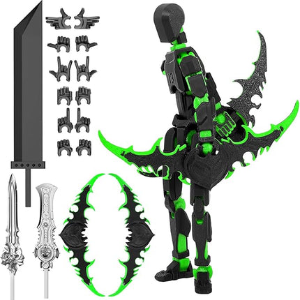 Assembled Titan 13 Action Figure Set, 3D Printed T13 Dummy Action Figure Multi-Jointed Movable Hand, Lucky 13, Desktop Decorations Game Gifts, (Black-Green)