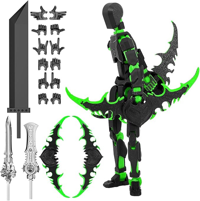 Assembled Titan 13 Action Figure Set, 3D Printed T13 Dummy Action Figure Multi-Jointed Movable Hand, Lucky 13, Desktop Decorations Game Gifts, (Black-Green)