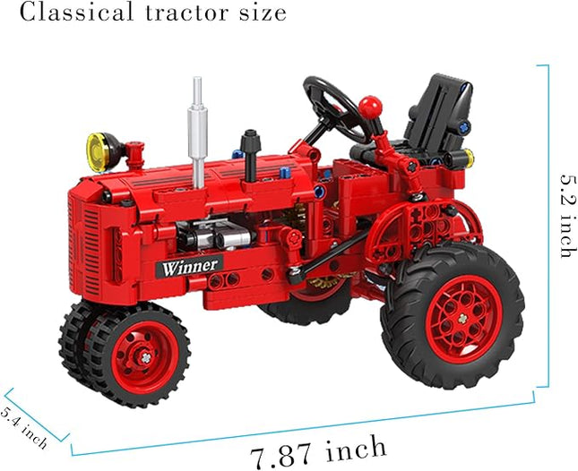 Classic Building Blocks 1/12 Red Tractor Farm Toy Building Set Gift for Kids Ages 6 7 8 9 10 11 12 Includes Shifting Structure, Steering Structure Features (Classic Edition)