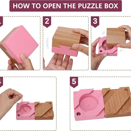 DC-BEAUTIFUL Wooden Magic Box Brain Teaser Box, Pink Secret Gift Box Impossible Puzzle Box for Birthday Valentines