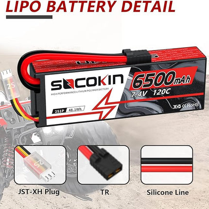2S Lipo Battery 7.4V 6500mAh 120C Lipo RC Battery with TR Plug + EC5 Adapter Hard Case for RC Car RC Truck Airplane Helicopter Boat Car Racing RC Hobby