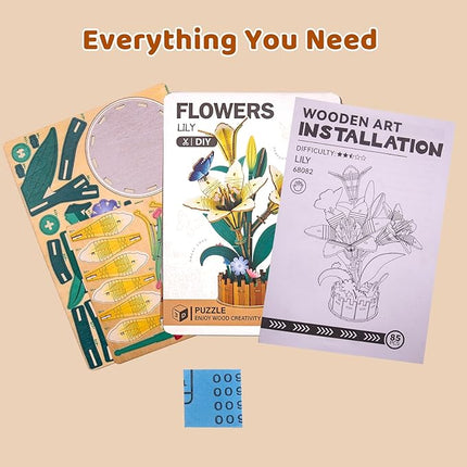 3D Wooden Flower Puzzles for Adults Lily, DIY Artificial Flower Building Set Wooden Bloom Craft Kits Home Decoration, for Women Mom Birthday Thanksgiving Christmas Valentine's Day