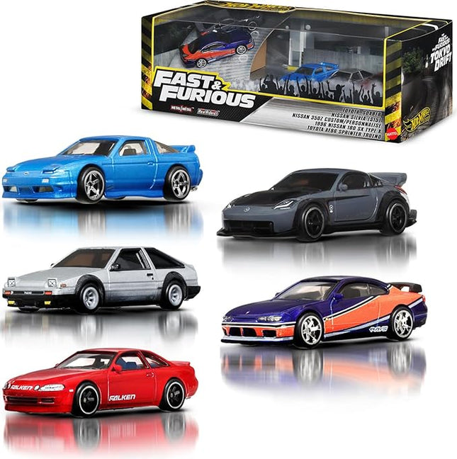 Hot Wheels Toy Cars, Premium Fast & Furious Tokyo Drift Bundle, 5 1:64 Scale Die-Cast Vehicles from The Fast Movie in Collectable Packaging