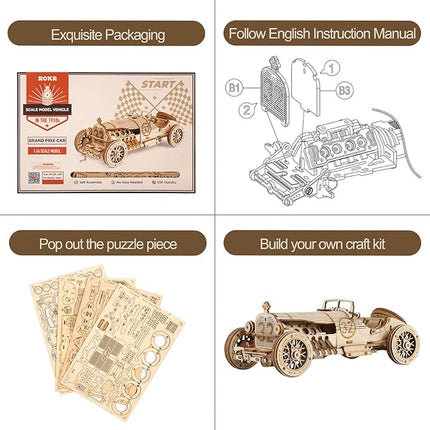 ROKR 3D Wooden Puzzle for Adults-Mechanical Car Model Kits-Brain Teaser Puzzles-Vehicle Building Kits-Unique Gift for Adults on Birthday/Christmas Day(1:16 Scale)(MC401-Grand Prix Car)
