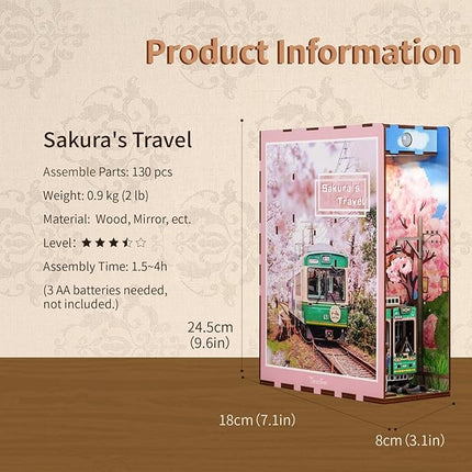 Tonecheer DIY Book Nook Kit for Adults, 3D Wooden Puzzle Bookend Bookshelf Insert Decor Fancy Book, Booknook Miniature House Kit with Sensor LED Light Birthday (Sakura's Travel)