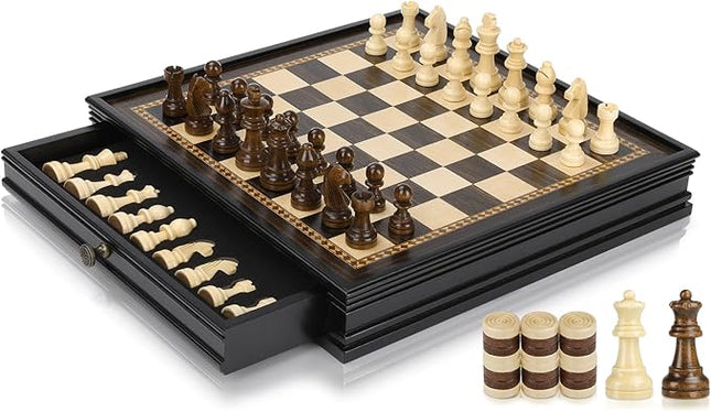 Peradix Magnetic Chess Checkers Board Sets with 2 Built-in Storage Drawers,12.8" Classic 2 in 1 Wooden Games with 2 Extra Queens for Kids and Adults,Travel Portable Chess Game Set