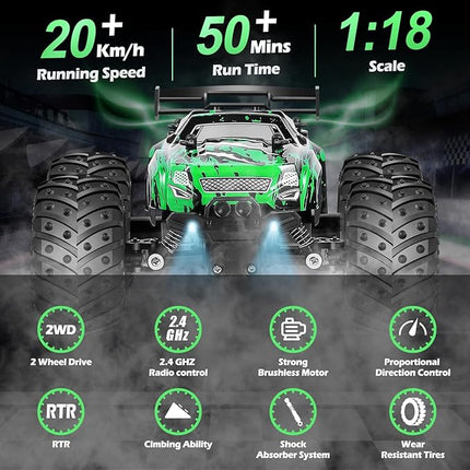 Remote Control Car, All Terrain Remote Control Truck for Boy, 2.4GHz Rc Car with Two Rechargeable Batteries, 20KM/H Monster Truck Toys