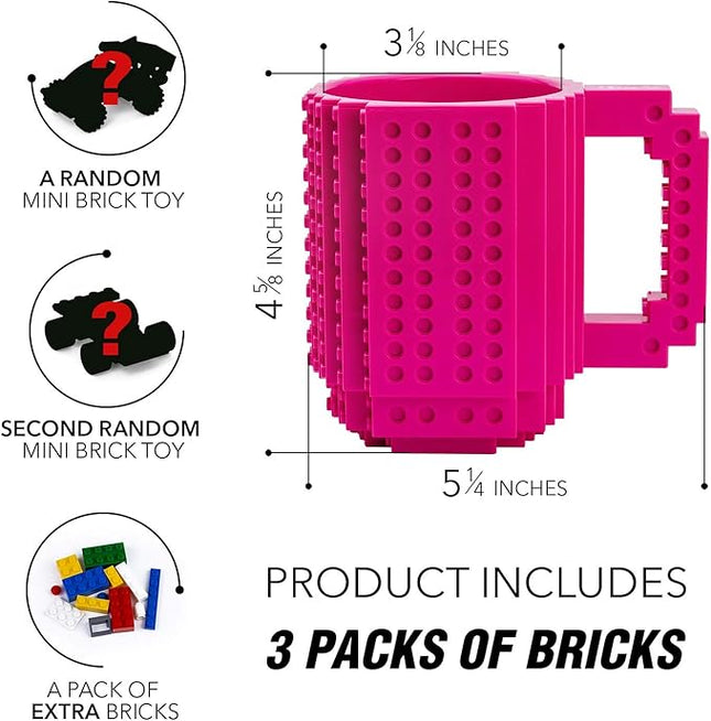 TOYAMBA Build-on Brick Mug BPA-Free Funny Coffee Mug with 3 Building Bricks, Funny Cup for Kids - Creative Building Block DIY Idea 16OZ (Magenta)
