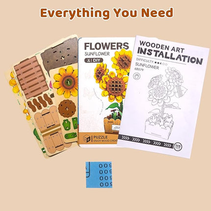 3D Wooden Flower Puzzles for Adults Sunflower, DIY Artificial Flower Building Set Wooden Bloom Craft Kits Home Decoration, for Women Mom Birthday Thanksgiving Christmas Valentine's Day