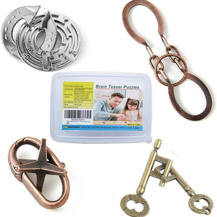 Brain Teaser Puzzles with Plastic Box,4 Pieces Metal Cast Puzzle Games Toys for Kids and Adults IQ Test,IQ Educational Box for Teens