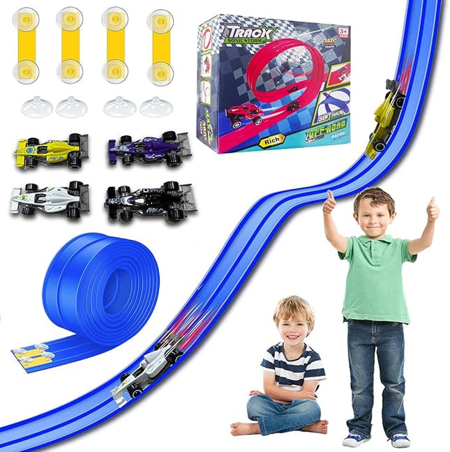 Flexible Race Car Track for Kids, 16.5 Ft Long Bendable Racetrack with Suction Cups, Compatible with Hot Wheels and 1:64 Diecast Cars, Portable Montessori STEM Toy for Boys & Girls (Racing Blue)