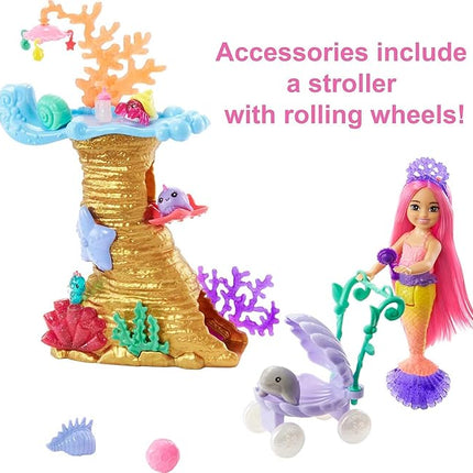 Barbie Mermaid Power Doll & Playset, Chelsea Mermaid Doll with 4 Sea Animal Pets, Toy Coral Reef Play Area, Stroller & Accessories