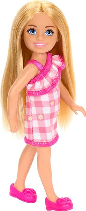 Barbie Chelsea Doll, Small Doll Wearing Removable Checked Dress & Pink Shoes with Blonde Hair & Blue Eyes