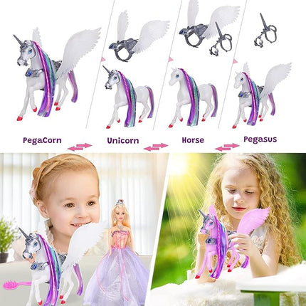 Yellow River Color Changing Unicorn & Princess Doll, Color Change on Whole Unicorn Under Sunshine, 12'' Doll and 11'' Unicorn Toys & Gifts with Removable Saddle & Wings for Girls