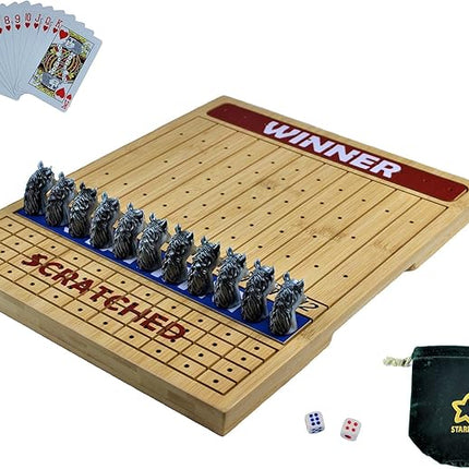 Metal Horse Race Board Game Set with Horse Racing Thick & Solid Wood Game Board, 11 Luxurious & Durable Classic Silver Colored Metal Craft Horses, Dice and Cards for Horseracing (HR-551)