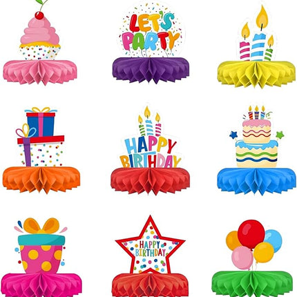 9 Pcs Happy Birthday Decorations, Colorful Themed Honeycomb Centerpiece Table Decor for Birthday Party