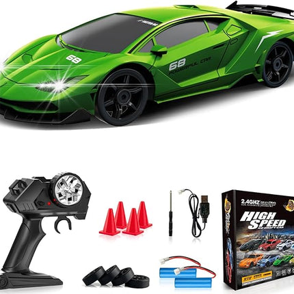 Remote Control Car RC Drift Car 2.4GHz 1:24 4WD 15KM/H High Speed Racing Sport Car with LED Lights Drifting Tire Racing Sport Toy for Adults Boys Girls Kids Gift 2Pcs Rechargeable Batteries