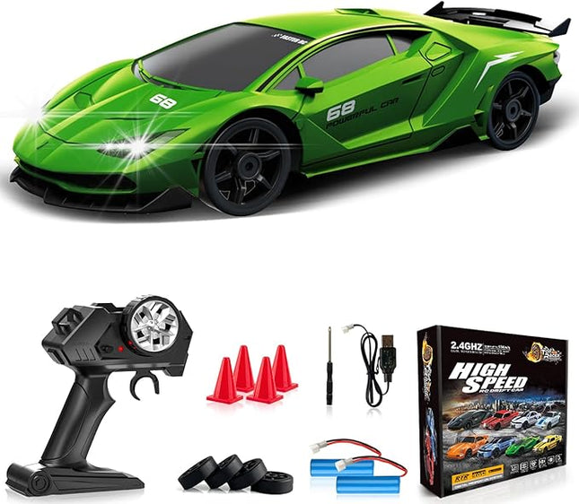 Remote Control Car RC Drift Car 2.4GHz 1:24 4WD 15KM/H High Speed Racing Sport Car with LED Lights Drifting Tire Racing Sport Toy for Adults Boys Girls Kids Gift 2Pcs Rechargeable Batteries