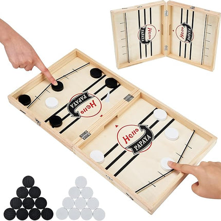 Foldable Fast Sling Puck Game with Chess Board and Checkers Board, Tic Tac Toe. Wooden Air Hockey Family Night,Table Games Gifts for Adults and Kids