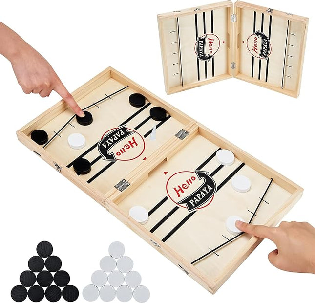 Foldable Fast Sling Puck Game with Chess Board and Checkers Board, Tic Tac Toe. Wooden Air Hockey Family Night,Table Games Gifts for Adults and Kids