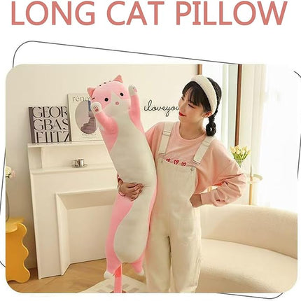 Long Cat Plush Pillow Soft Cat Hugging Pillow Stuffed Animal Pillow Cute Kitty Throw Pillow Gift for Boys Girls(50cm/19.68inch,Pink