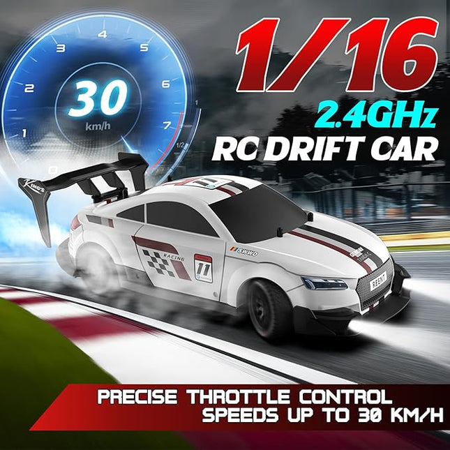 Remote Control RC Drift Car 1:16 Scale 4WD RC Car with LED Lights 2.4GHz 30km/h RTR High Speed Racing Sport Toy for Adults Boys Girls Kids Gift 2Pcs Rechargeable Battery (White)