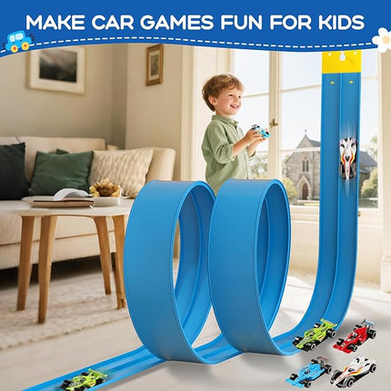 Flexible Track 16.4 Ft Starter Set, Flexible Race Car Ramp Track for Ages 3 & Up with Suction Cups Compatible with Hot Wheels and Diecast 1/64th Cars