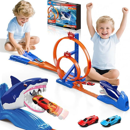 VATOS Shark Toys Car Track Set, Dual Loop Race Track Toy for Boys, Shark Car Racing Tracks with 2 Race Cars & Launchers, Jumping Raceway Playset Kids Toys Gift for Boys Girls 3 4 5 6 7 8 Year Old