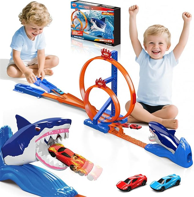 VATOS Shark Toys Car Track Set, Dual Loop Race Track Toy for Boys, Shark Car Racing Tracks with 2 Race Cars & Launchers, Jumping Raceway Playset Kids Toys Gift for Boys Girls 3 4 5 6 7 8 Year Old