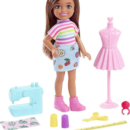 Barbie Chelsea Can Be Doll & Playset, Brunette Fashion Designer Small Doll with Removable Outfit & 8 Career Accessories