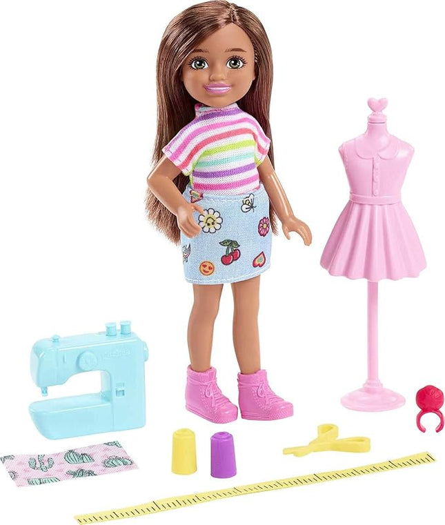 Barbie Chelsea Can Be Doll & Playset, Brunette Fashion Designer Small Doll with Removable Outfit & 8 Career Accessories