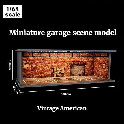 Display Case for Hot Wheels,Diorama 1/64 Scale Car Garage Model with LED Lights and Acrylic Cover, Stackable Car Parking Lot Model,Diecast Car Display Case (Vintage Garage)